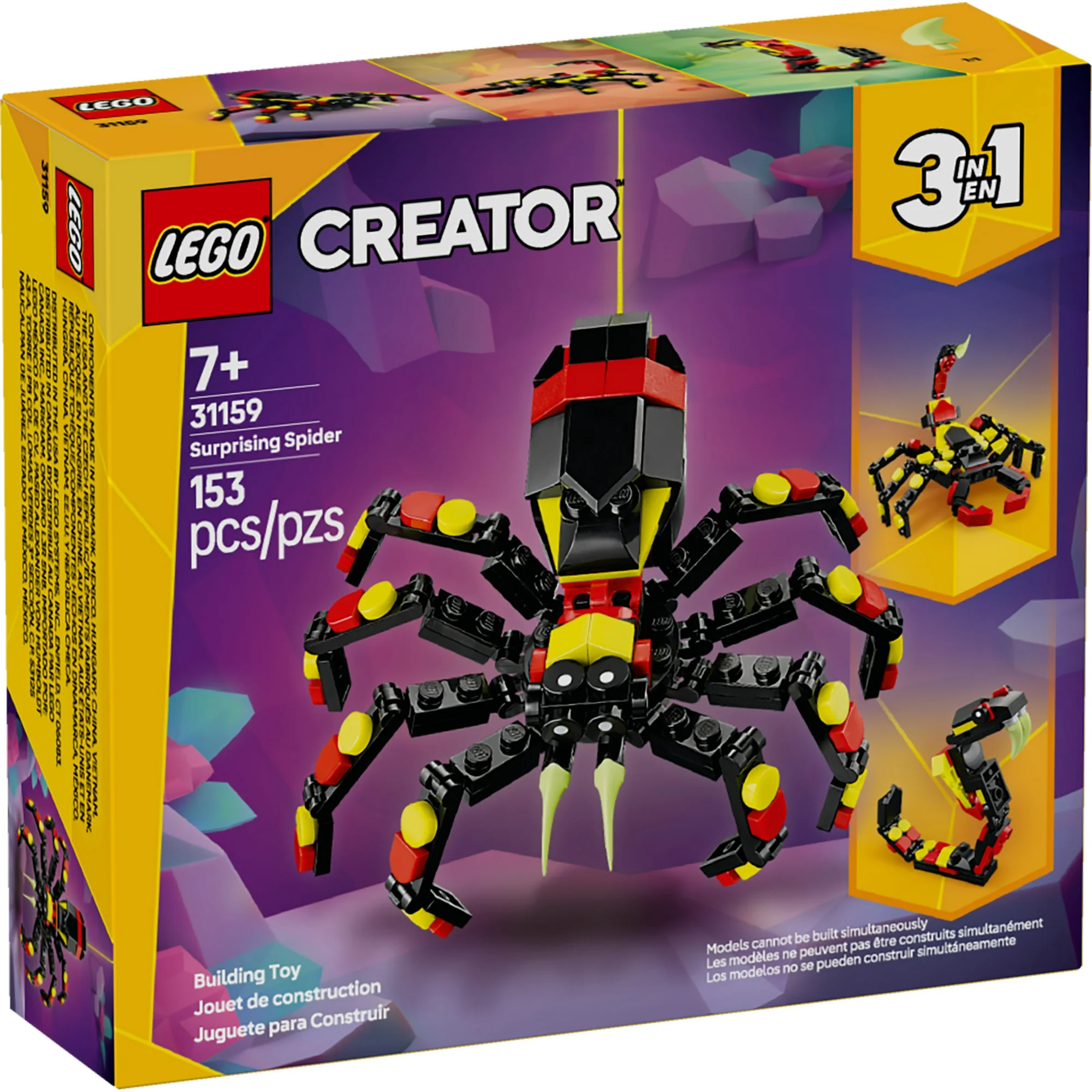 LEGO Creator 3 in 1 Wild Animals Surprising Spider Toy - Building Toy with 3 Build Options, Spider, Scorpion, or Snake - Animal Figures for Kids, Boys & Girls, Ages 7+ - Birthday Gift Idea - 31159