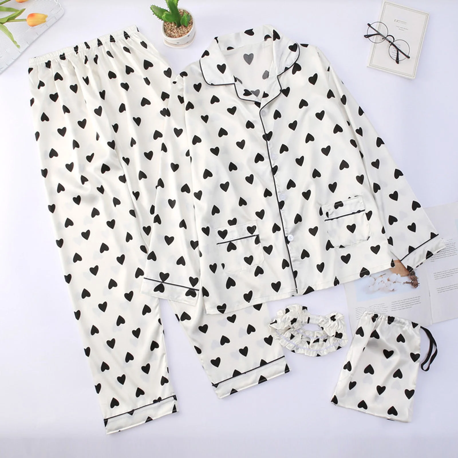 7 Pieces Print Pajama Set for Women Satin Sleepwear Cami Shorts with Button Down Long Sleeve Shirt and Eye Mask