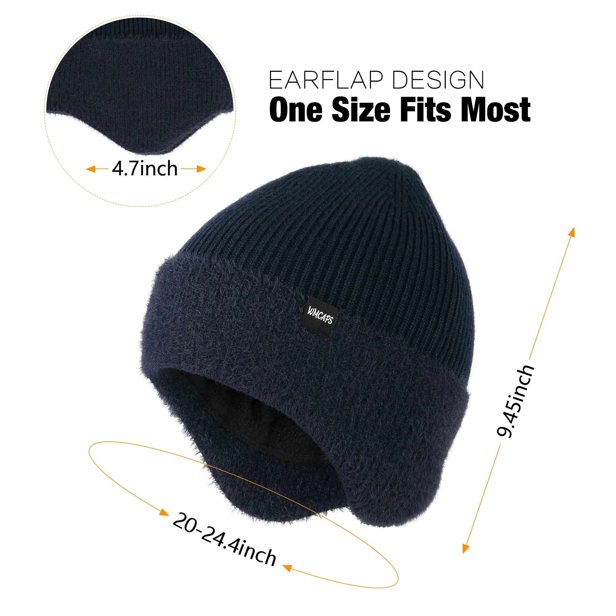 WMCAPS Winter Fleece Line Beanie Hats with Earflap for Men Women, Outdoor Warm Thermal Knitted Stocking Caps(Navy Blue)