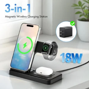 Wireless Charger,Magnetic Charging Stand Compatible with iPhone 17 16 15 14 13 12 11 Pro Max Plus XS XR X 8,Charger for Apple Watch 9 8 7 6 5 4 3 2 SE, for AirPods 3 2 Pro,3 in 1 Charging Station