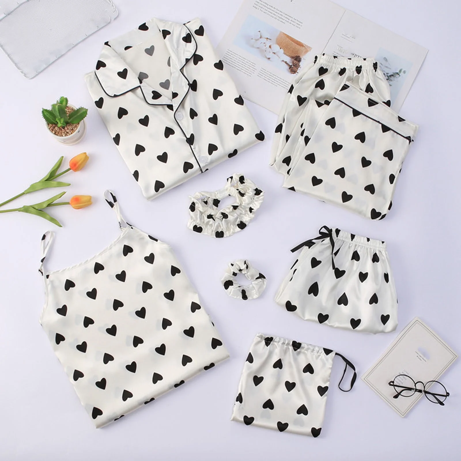 7 Pieces Print Pajama Set for Women Satin Sleepwear Cami Shorts with Button Down Long Sleeve Shirt and Eye Mask - Image 2