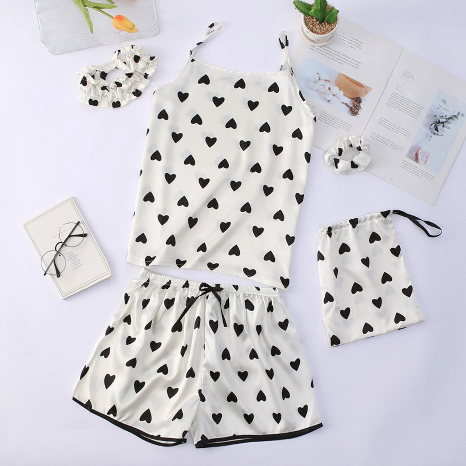 7 Pieces Print Pajama Set for Women Satin Sleepwear Cami Shorts with Button Down Long Sleeve Shirt and Eye Mask - Image 5