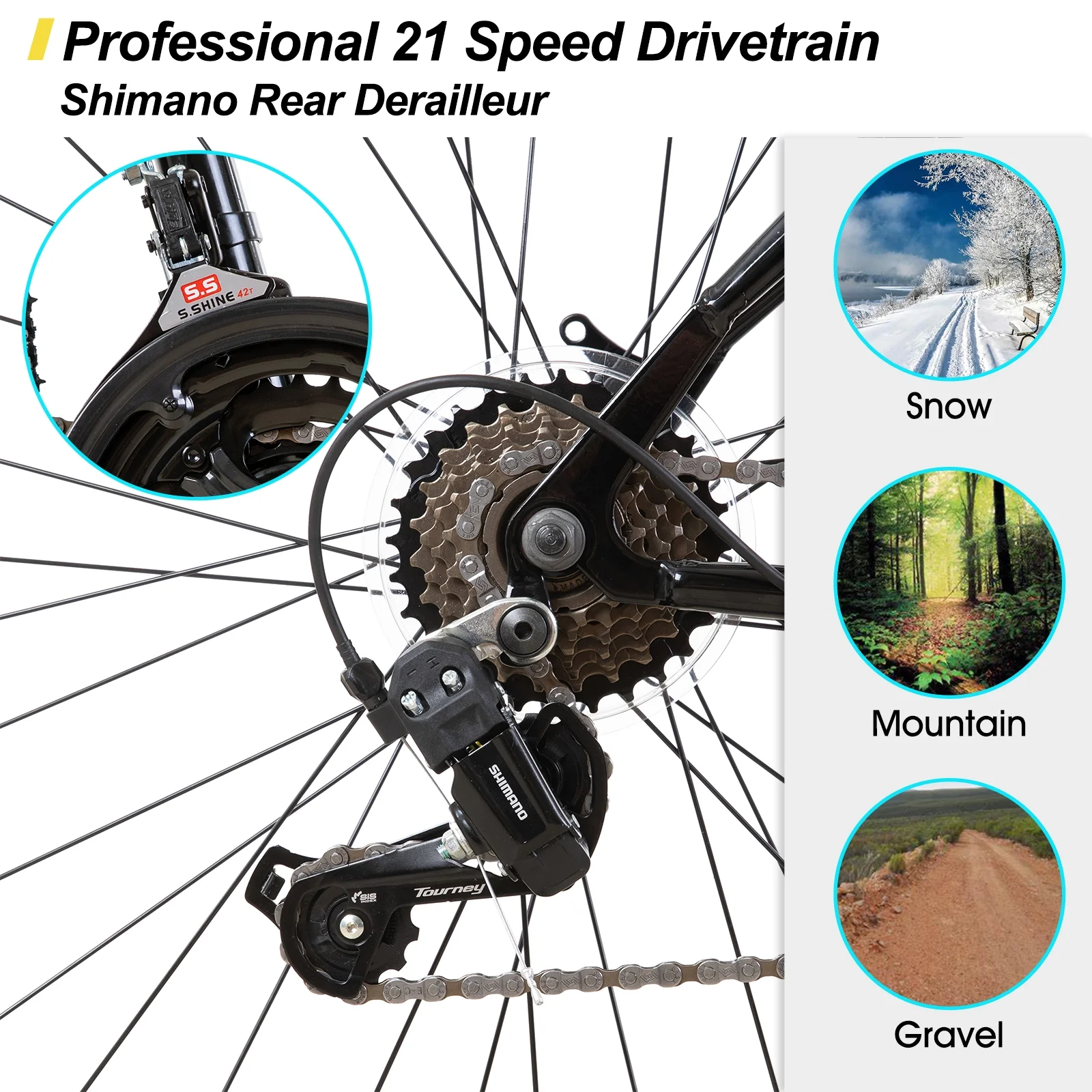 Hiland 26 27.5 29 Inch Mountain Bike, Mens Womens MTB with 21 Speeds, High-Tensile Steel Frame, V Brake, Hardtail Bicycle for Adults - Image 3